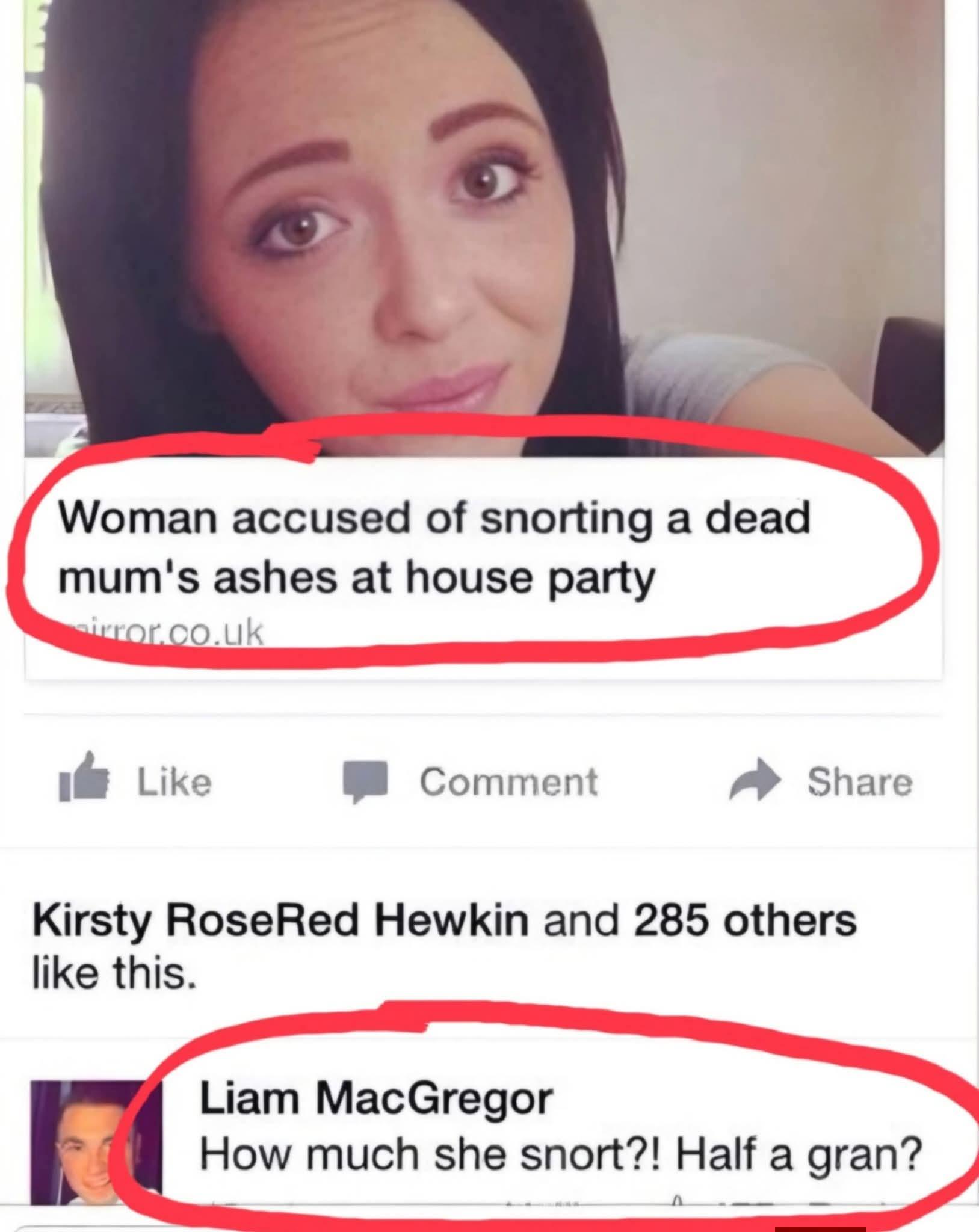 woman accused snorting ashes