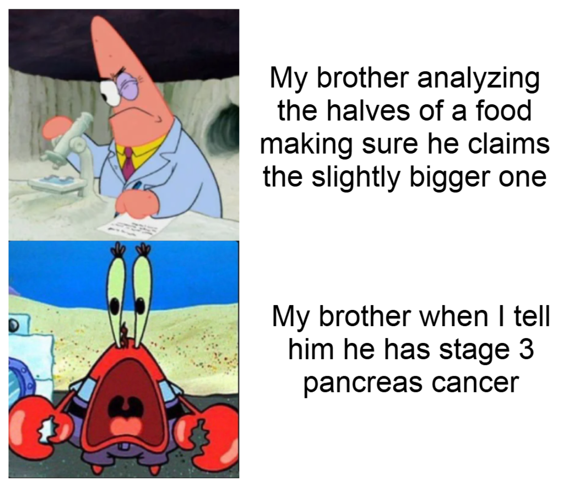 Open brother analyzing food halves