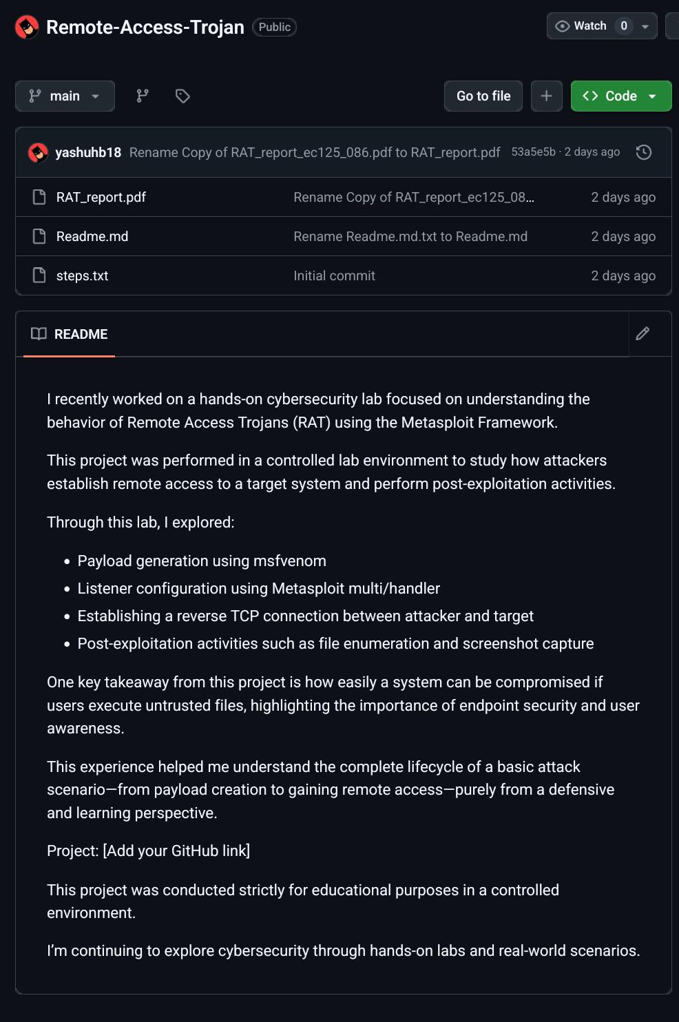 Open cybersecurity lab report
